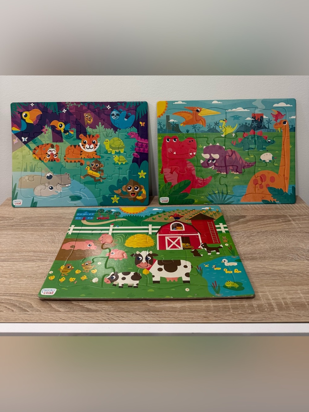 Chuckle & Roar Lot of 3 Kids Tray Puzzles Jigsaw Barn Dino Zoo Animals Ages 3+